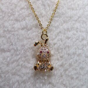 Girls Rhinestone Rabbit Pendant Necklace Gold 10"